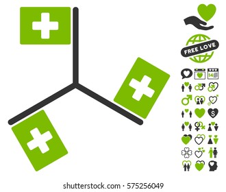 Hospital Flags pictograph with bonus lovely pictograms. Vector illustration style is flat rounded iconic eco green and gray symbols on white background.