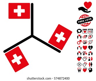 Hospital Flags pictograph with bonus marriage images. Vector illustration style is flat rounded iconic intensive red and black symbols on white background.