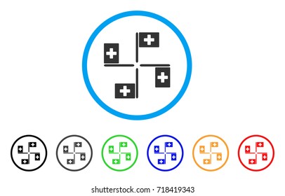 Hospital Flags rounded icon. Style is a flat hospital flags gray symbol inside light blue circle with black, gray, green, blue, red, orange versions. Vector designed for web and software interfaces.