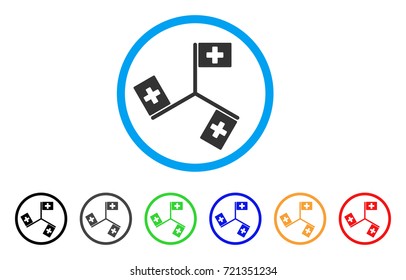 Hospital Flags rounded icon. Style is a flat hospital flags grey symbol inside light blue circle with black, gray, green, blue, red, orange versions. Vector designed for web and software interfaces.