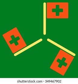 Hospital Flags vector icon. Style is bicolor flat symbol, orange and yellow colors, rounded angles, green background.