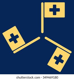 Hospital Flags vector icon. Style is flat symbol, yellow color, rounded angles, blue background.