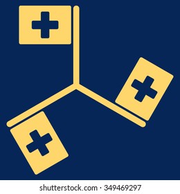 Hospital Flags vector icon. Style is flat symbol, yellow color, rounded angles, blue background.