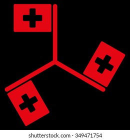 Hospital Flags vector icon. Style is flat symbol, red color, rounded angles, black background.