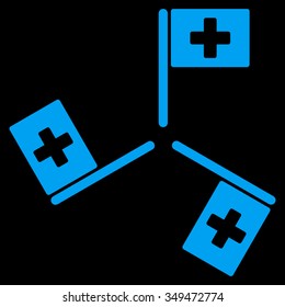 Hospital Flags vector icon. Style is flat symbol, blue color, rounded angles, black background.