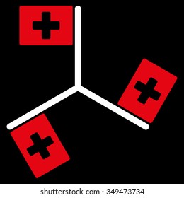 Hospital Flags vector icon. Style is bicolor flat symbol, red and white colors, rounded angles, black background.