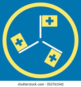 Hospital Flags vector icon. Style is bicolor flat circled symbol, yellow and white colors, rounded angles, blue background.