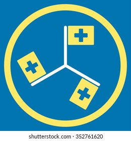 Hospital Flags vector icon. Style is bicolor flat circled symbol, yellow and white colors, rounded angles, blue background.