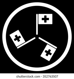 Hospital Flags vector icon. Style is flat circled symbol, white color, rounded angles, black background.