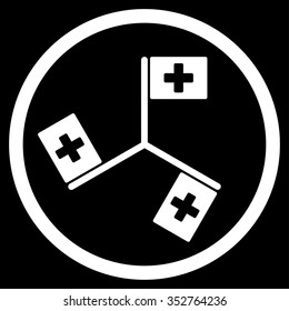 Hospital Flags vector icon. Style is flat circled symbol, white color, rounded angles, black background.