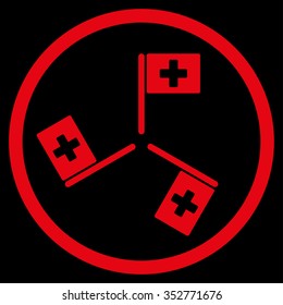 Hospital Flags vector icon. Style is flat circled symbol, red color, rounded angles, black background.