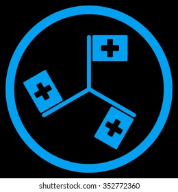 Hospital Flags vector icon. Style is flat circled symbol, blue color, rounded angles, black background.