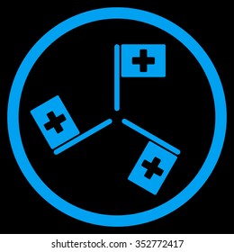 Hospital Flags vector icon. Style is flat circled symbol, blue color, rounded angles, black background.