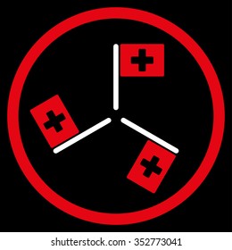 Hospital Flags vector icon. Style is bicolor flat circled symbol, red and white colors, rounded angles, black background.