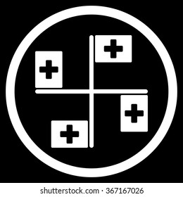 Hospital Flags vector icon. Style is flat circled symbol, white color, rounded angles, black background.