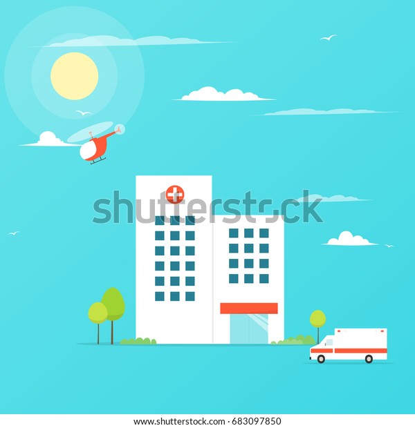 Hospital flat building with ambulance and\
helicopter. Vector\
image