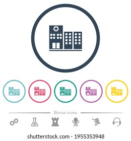 Hospital flat color icons in round outlines. 6 bonus icons included.