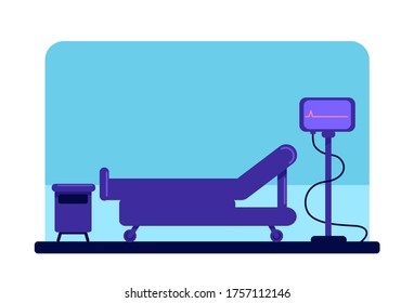 Hospital flat color vector illustration. Wheeled bed and cardiogram monitor in medical clinic. Emergency room 2D cartoon interior with professional equipment on background