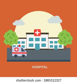 Hospital flat concept icon design with ambulance clouds trees on a orange background