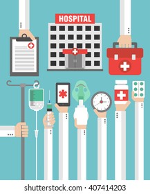 Hospital flat design card with hand .Vector illustration