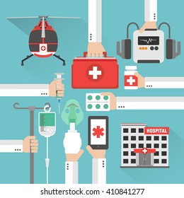 Hospital flat design card with hands .Vector illustration