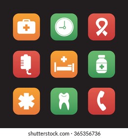 Hospital flat design icons set. Medical healthcare center. First aid medicine chest, drop counter and dentist tooth symbol. Ambulance star of life and aids ribbon. Web application interface. Vector