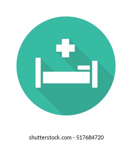 Hospital flat design long shadow icon. Hospital bed with medical cross. Vector silhouette symbol