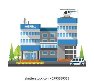 Hospital in flat style isolated vector, medical buildings concept.