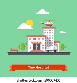 Hospital flat vector illustration. Clinic building with ambulance helicopter and car. Flat vector illustration.