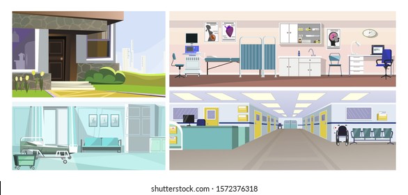 Hospital flat vector illustration set. Hospital inside with reception, doctors office, ward. City infrastructure concept