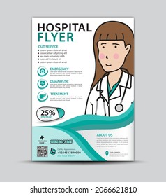 Hospital flyer template, Brochure Cover healthcare, Medical brochure design, leaflets for clinic, pharmacy. leaflet, booklet, poster, advertisement, printing, women doctor cartoon, vector A4 size 