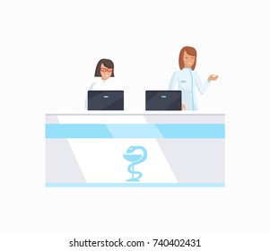 Hospital front desk with two women dressed in white robes in front of monitors. Vector illustration of clinic office isolated on white background