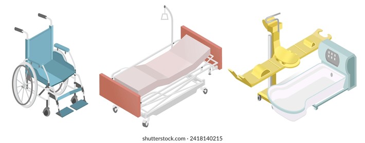 Krankenhausmöbel isometrisch. Rollstuhl, Krankenhausbett, medizinische Badewanne, einzelne Vektorgrafik