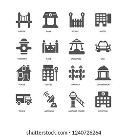 Hospital, Gate, Bridge, Bank, Government Buildings, Barrier, Motel, Airport Tower Icon 16 Set EPS 10 Vector Format. Icons Optimized For Both Large And Small Resolutions.