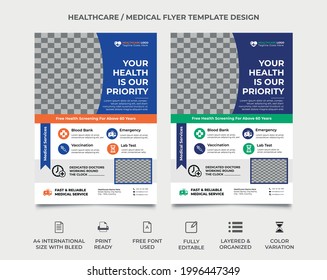 hospital geometric shape a4 size flyer design template, two color variation, a doctor image can be used, orange and blue, green and blue color variant, vector eps 10 version, editable template.