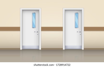 The Hospital Hall With Doors. Entrance Element From Medical Hall. Doctor Office Door With Window. Vector Illustration