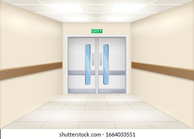 Hospital Hall And Double Doors. Perspective View Of Emergency Entrance. Vector Illustration