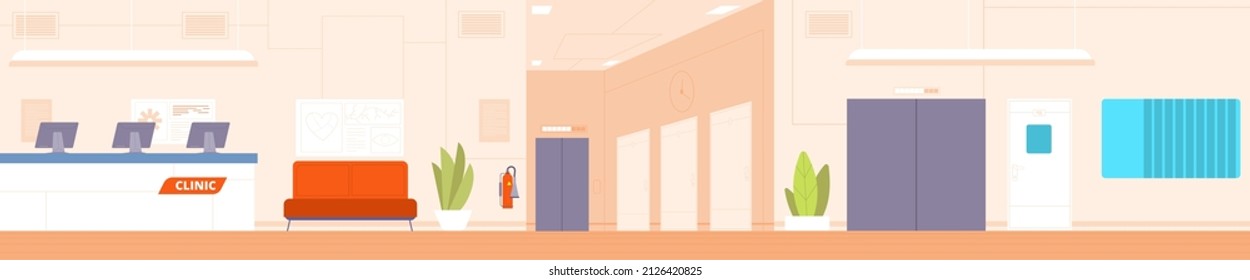 Hospital hall interior. Clinic hallway interiror, corridor medical reception room, door doctor office, counter workplace emergency healthcare, vector illustration. Hallway interior hospital corridor