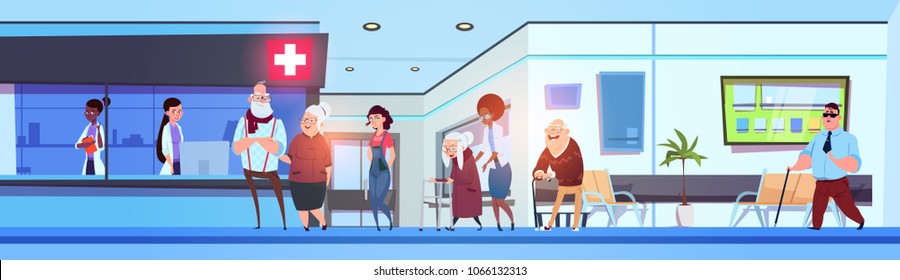 Hospital Hall Interior Patients And Doctors In Clinic Waiting Room Horizontal Banner