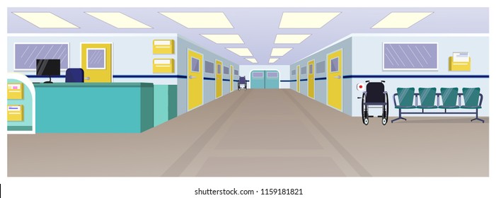 Hospital hall with reception, doors in corridor and chairs vector illustration. Clinic interior. Hospital concept. For websites, wallpapers, posters or banners.