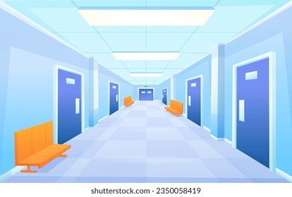 Hospital hallway with bench and closed doors. Corridor interior, inside clinic or emergency building. Waiting hall nowaday vector cartoon location