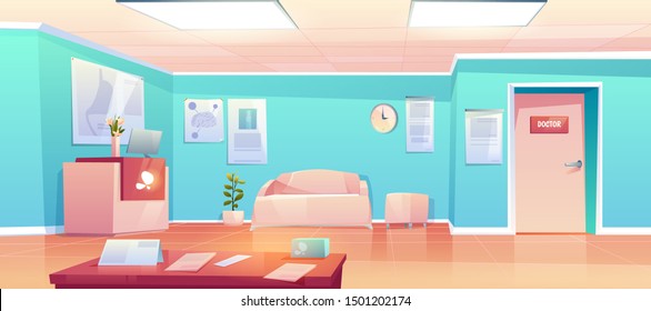 Hospital Hallway, Empty Clinic Corridor, Hall Interior With Reception Desk And Pc, Couch For Patients, Door To Doctor Cabinet, Table With Papers, Medical Placards On Wall. Cartoon Vector Illustration