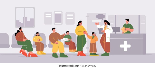 Hospital hallway with visitors on chairs waiting in queue. Doctor practitioner communicate with patient. People wait on appointment in clinic hall with reception desk Line art flat vector illustration