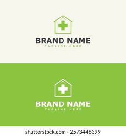 Hospital and health care logo design vector template with home and cross sign.