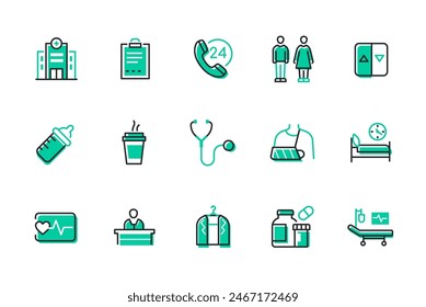 Hospital and health care - set of line design style icons isolated on white background. High quality images of 24-7 support, room, heart rate, broken arm, bed rest, coffee and bottle of milk