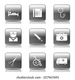 Hospital Health Square Vector Black Button Icon Design Set