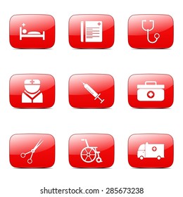 Hospital Health Square Vector Red Icon Design Set