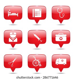 Hospital Health Square Vector Red Icon Design Set