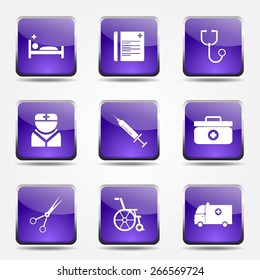 Hospital Health Square Vector Violet Icon Design Set
