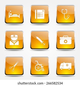 Hospital Health Square Vector Yellow Icon Design Set